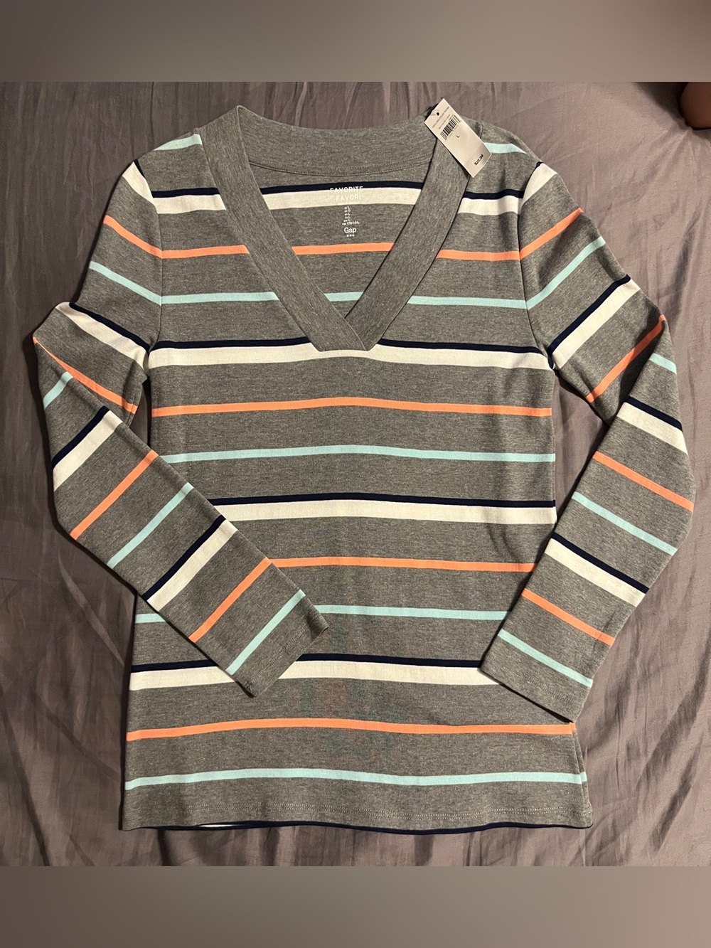 Women’s GAP Gray Striped V-Neck Sweater with Coral, Blue, & White, size large